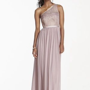 Rose gold metallic, one shoulder dress